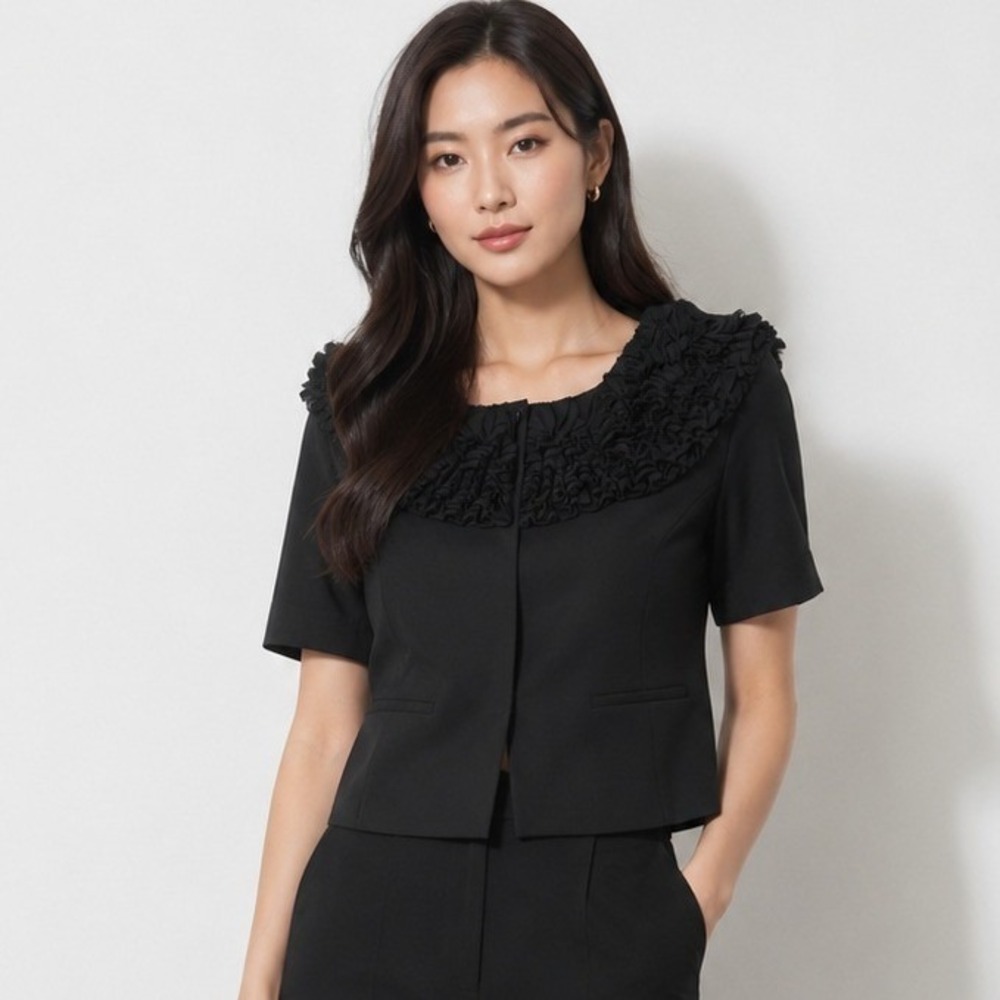 Ann Taylor Black Ruffle Trim Cropped Jacket Blazer Career Goth‎ Chic Size 6